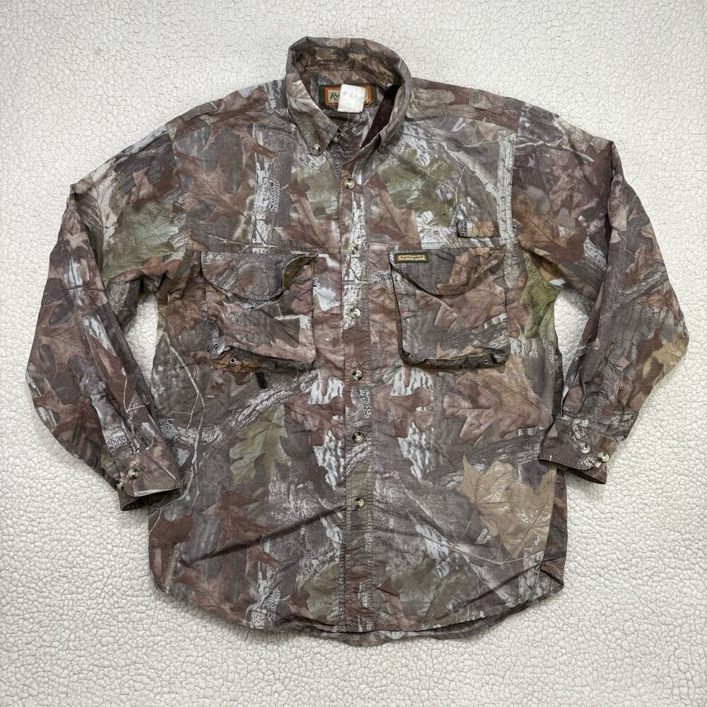 Vintage Remington Advantage Timber Camo Button Up Shirt Vented Mesh Hunting